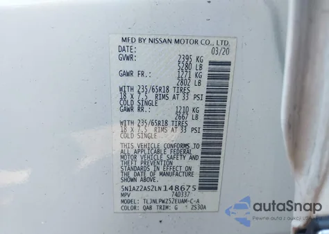 2020 Nissan Murano S Intelligent Awd z USA, uszkodzony, nr VIN 5N1AZ2AS2LN148675